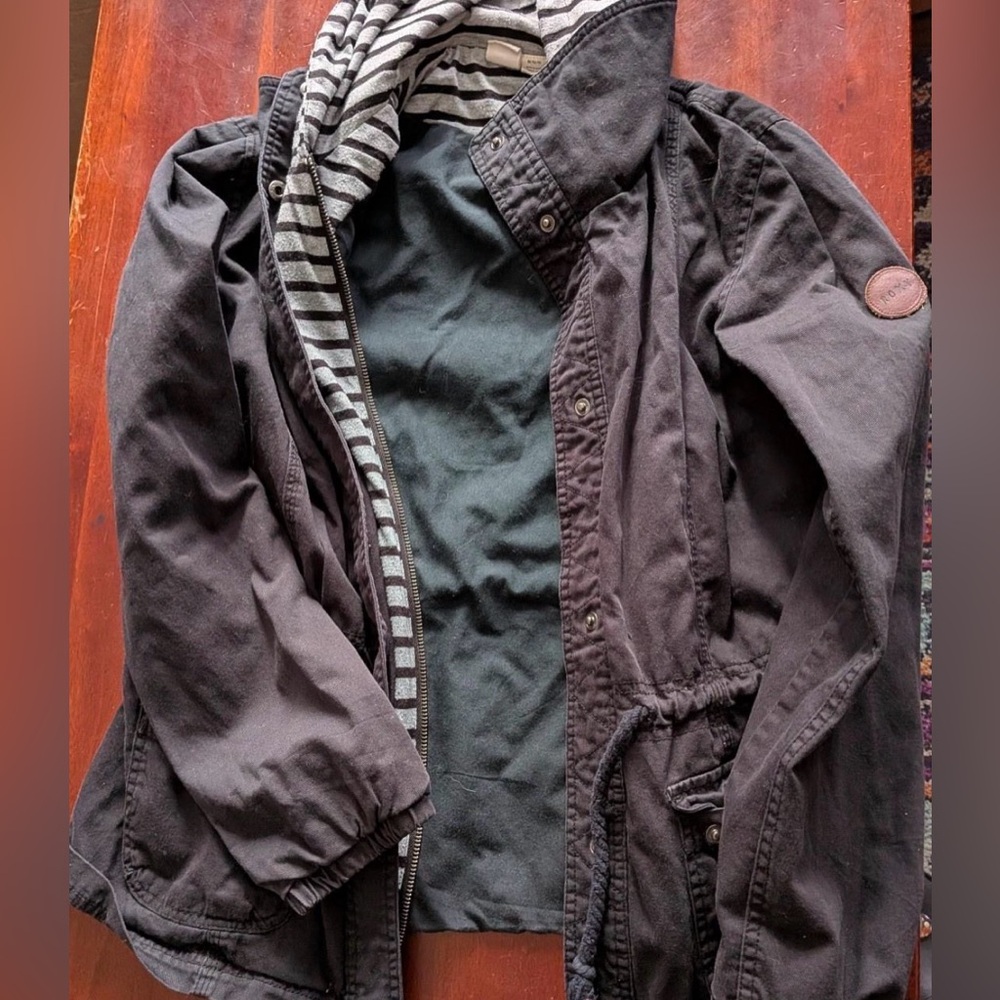 Roxy Hooded Utility Jacket Women’s M Gray Striped Lining Surf Skate